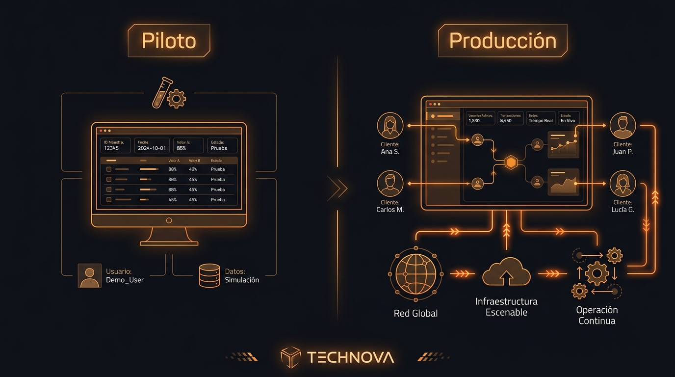 Comparativa entre un piloto de IA en demo y un sistema en producción con datos reales