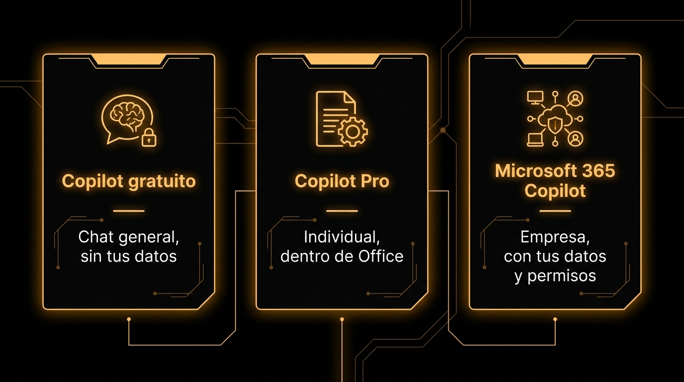 Comparativa de las tres versiones de Copilot: gratuito, Pro y Microsoft 365