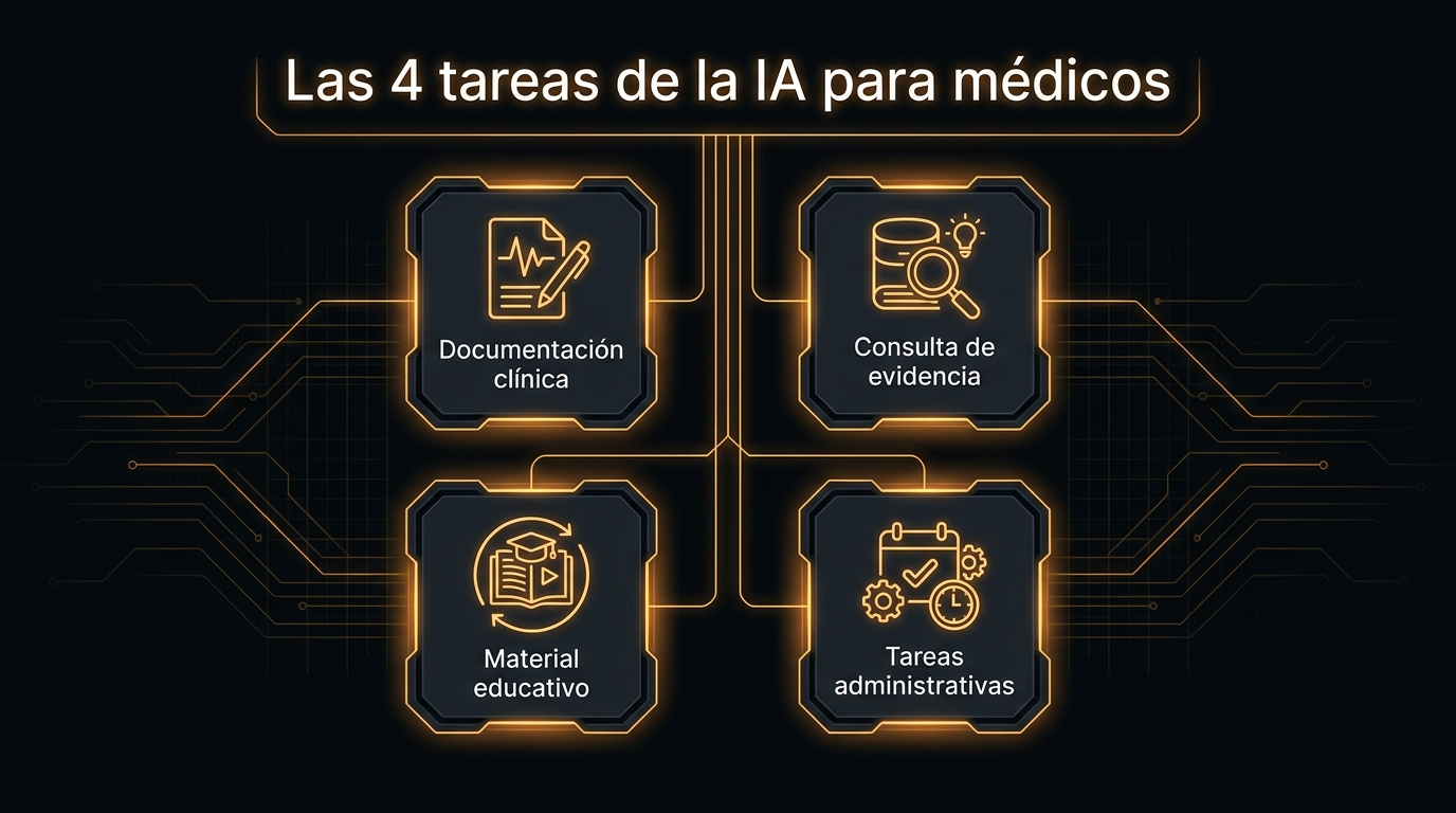 Diagrama de los cuatro bloques de tareas de la IA en la práctica médica