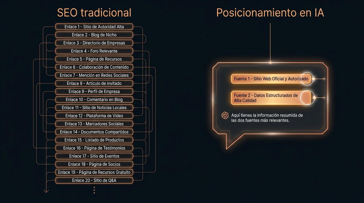 Comparativa entre una lista de enlaces del SEO y una respuesta de IA con solo dos fuentes citadas