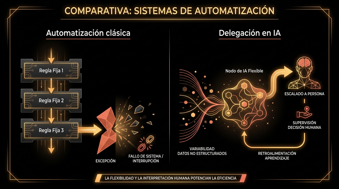 Comparativa entre automatización clásica de reglas fijas y delegación en IA que interpreta variabilidad