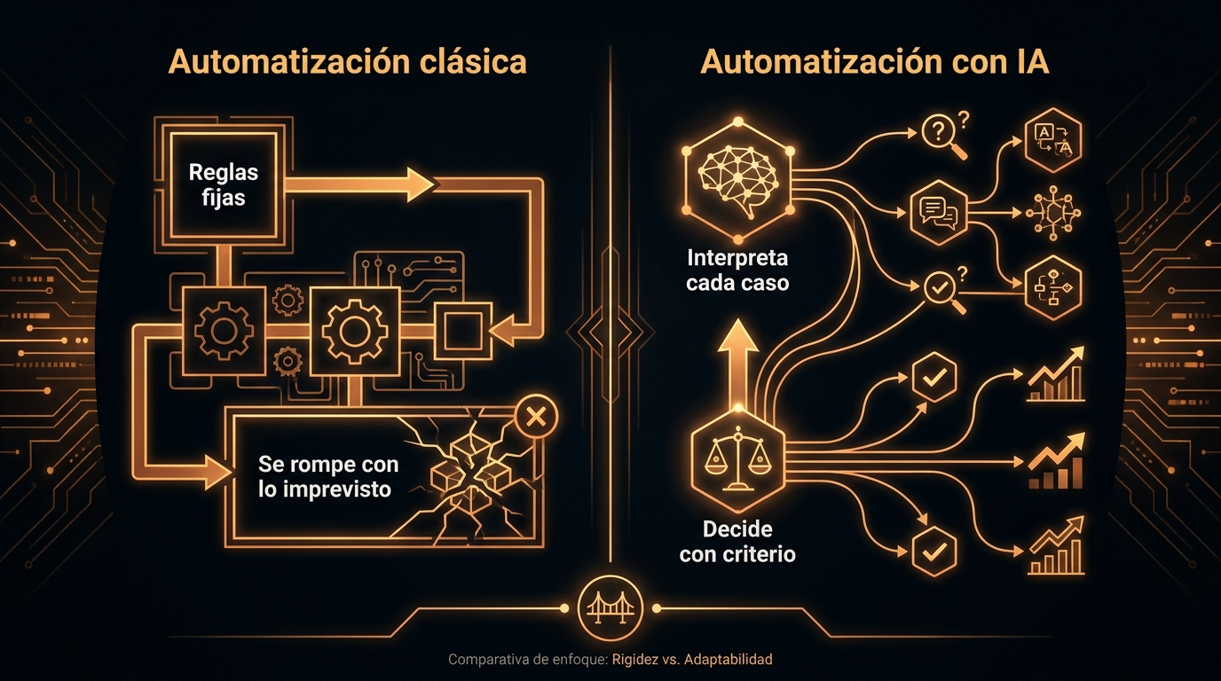 Comparativa entre automatización clásica de reglas fijas y automatización con IA que interpreta cada caso
