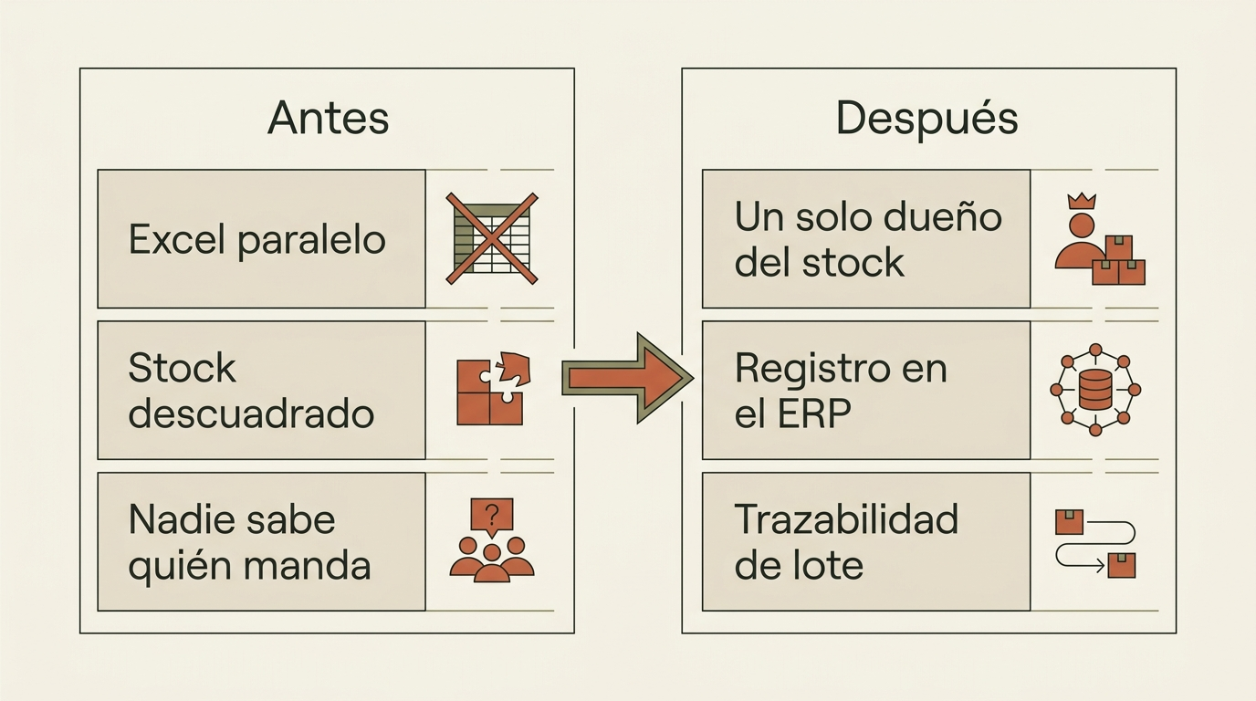 Comparativa antes y después de ordenar el registro de stock